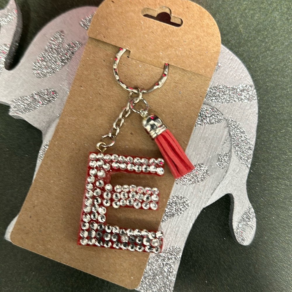 Red Rhinestone Bling Keyring letter E